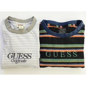 2 Guess Originals T Shirts Mens M White Gray Black Striped Retro Embroidered S/S